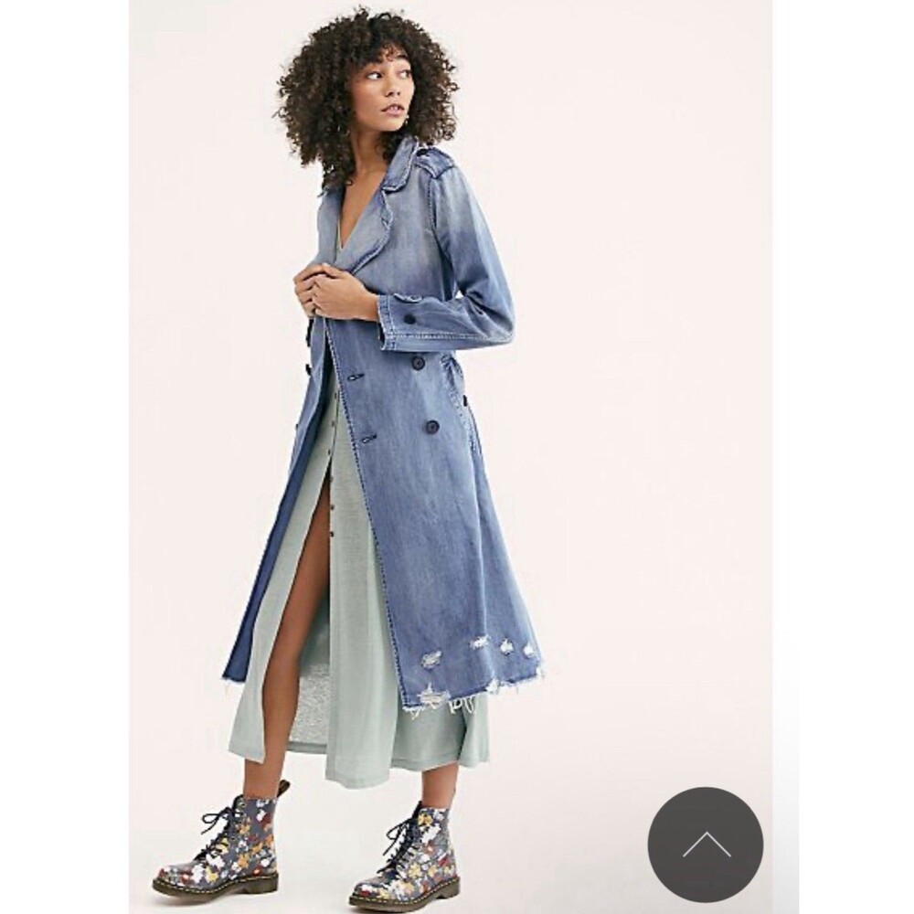 NSF Clothing Dorian Distressed Denim Trench Coat Womens M Distressed Boho Grunge